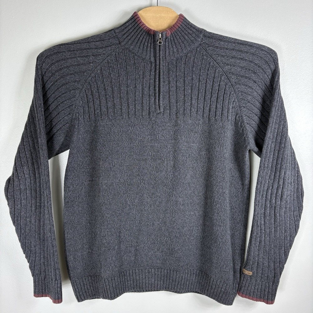 Columbia Men's Large Dark Gray 1/4 Zip Ribbed Sleeve Pullover Heavy Knit Sweater